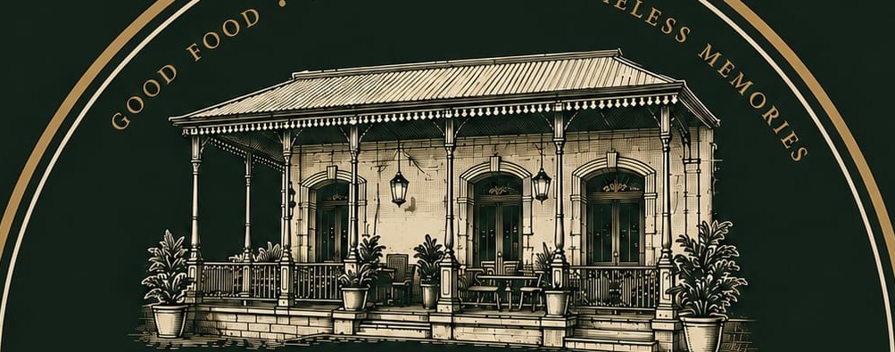 Illustrated verandah and pillars of The Old Post, the heritage post office building in Sayajigunj